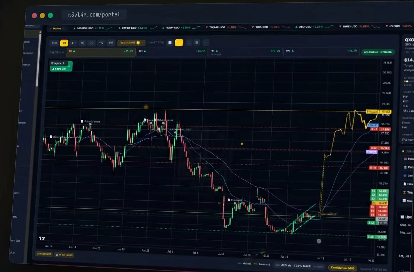 K3vl4r forecasting dashboard — live candles vs the AI forecast path, multi-timeframe consensus, and a public accuracy panel